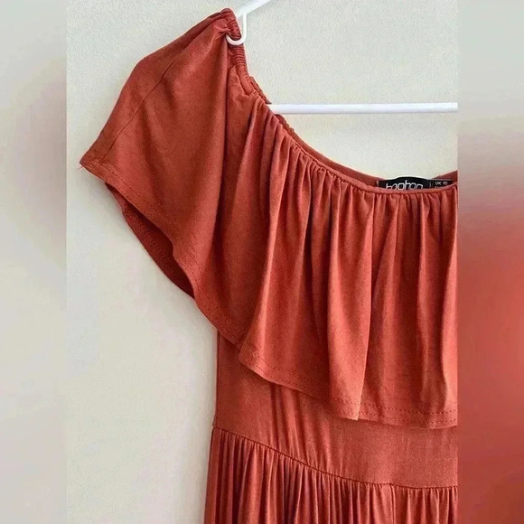 boohoo Stretch Midi Dress, Ruffled Off the Shoulder Sleeves, Burnt Orange, 6 - Picture 5 of 16